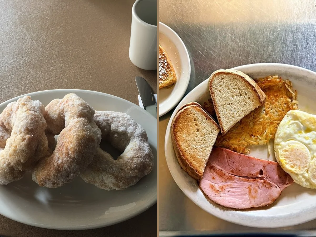 Busy cafe interior with simple breakfast seating.